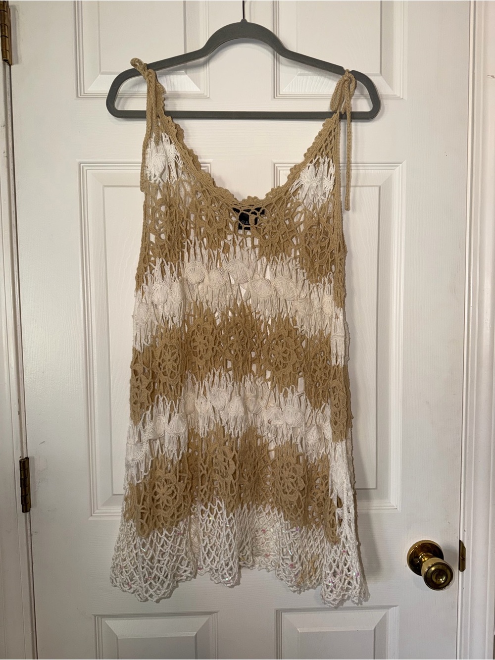 Belldini Beige and White Crochet Tunic Swim Cover-Up With Sequin Accents